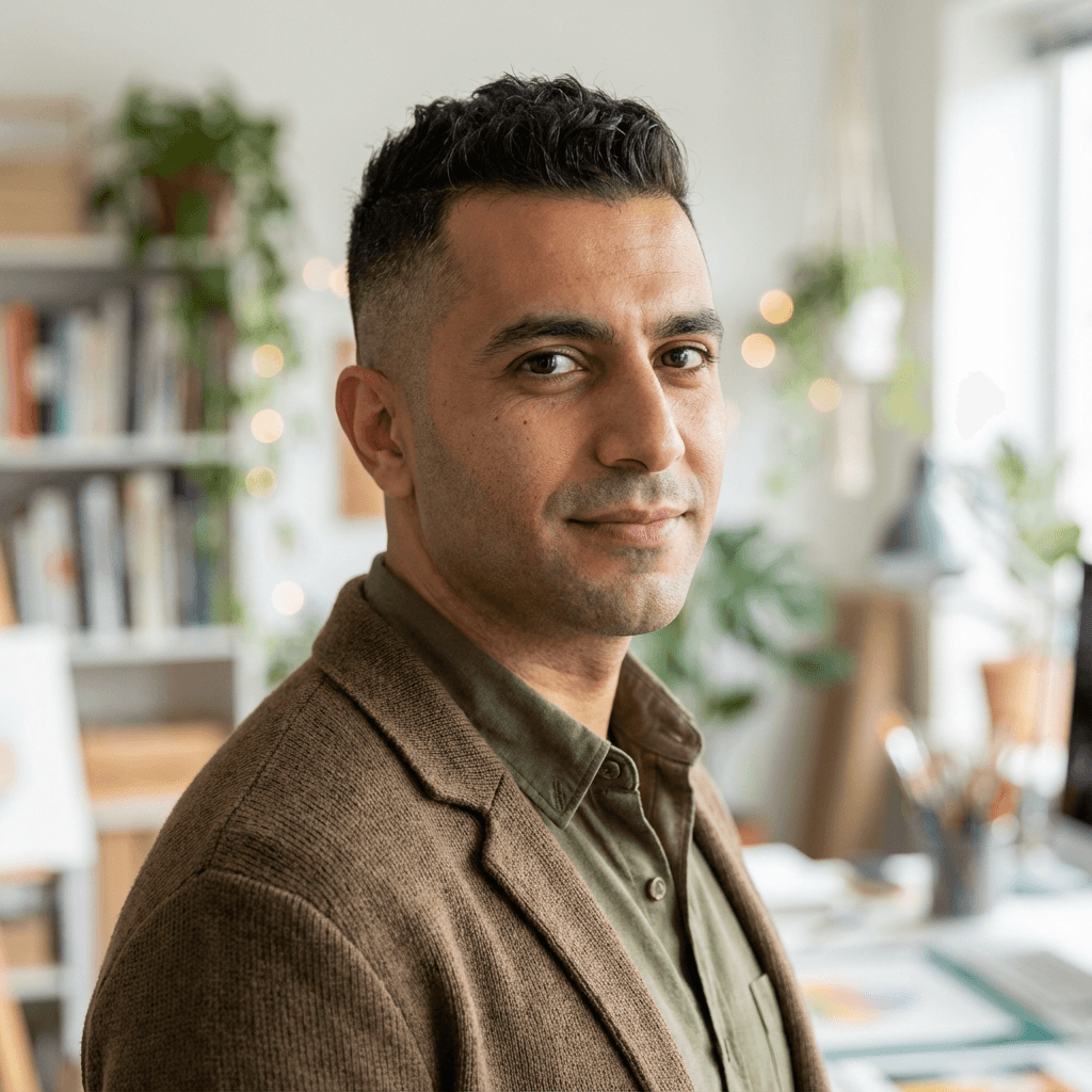 Sadig Abdelgadir smiling in a bright home office with wellness products on the shelf behind him