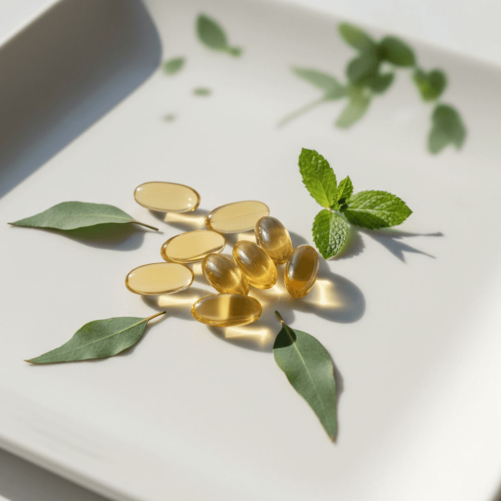 Supplement softgels with green leaves on a white surface