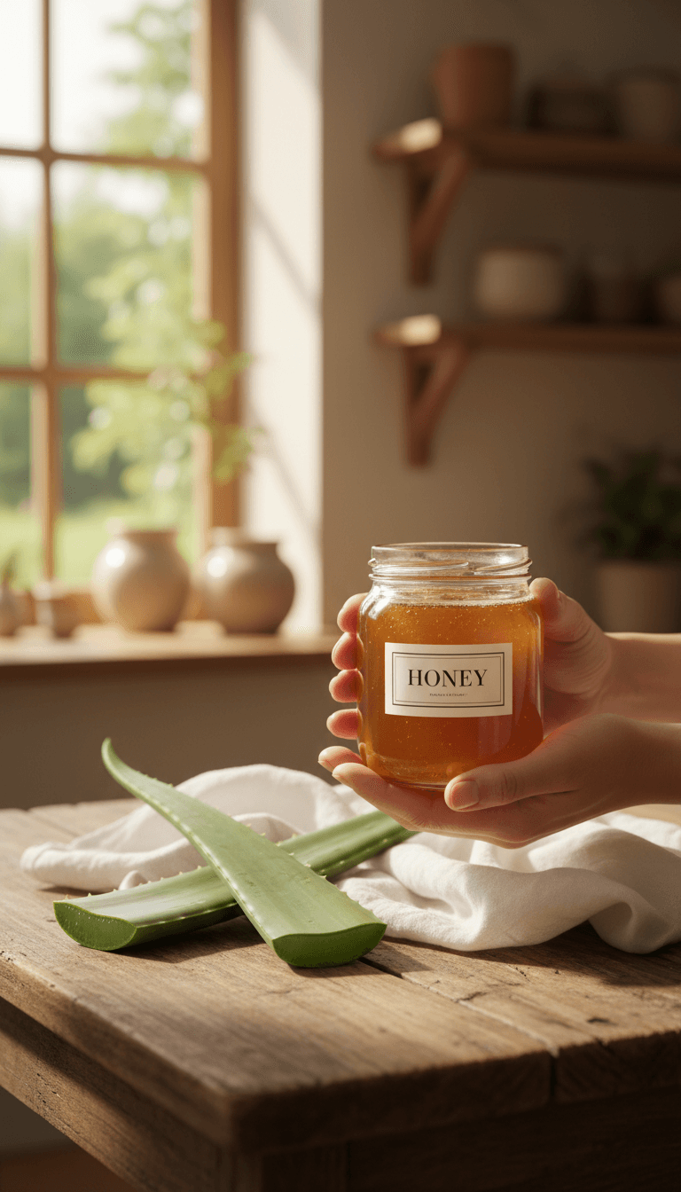 Hands holding a jar of golden honey beside aloe vera leaves