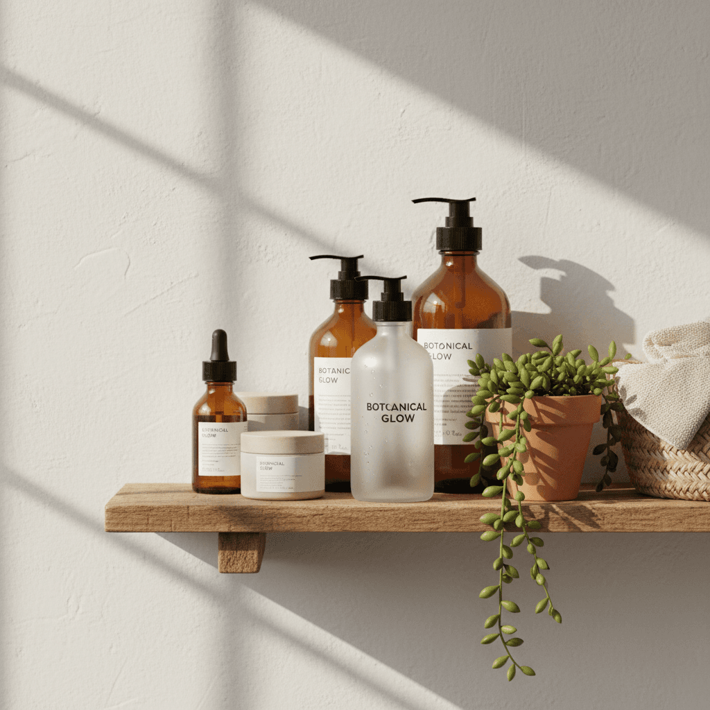 Natural skincare bottles on a bathroom shelf