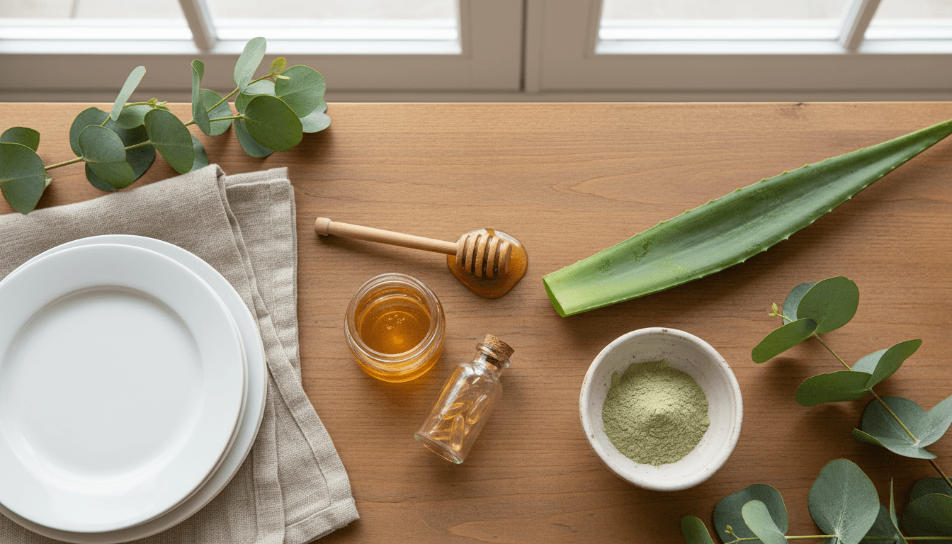 Natural wellness products arranged on a wooden table with honey, aloe vera, and supplement softgels in soft natural light