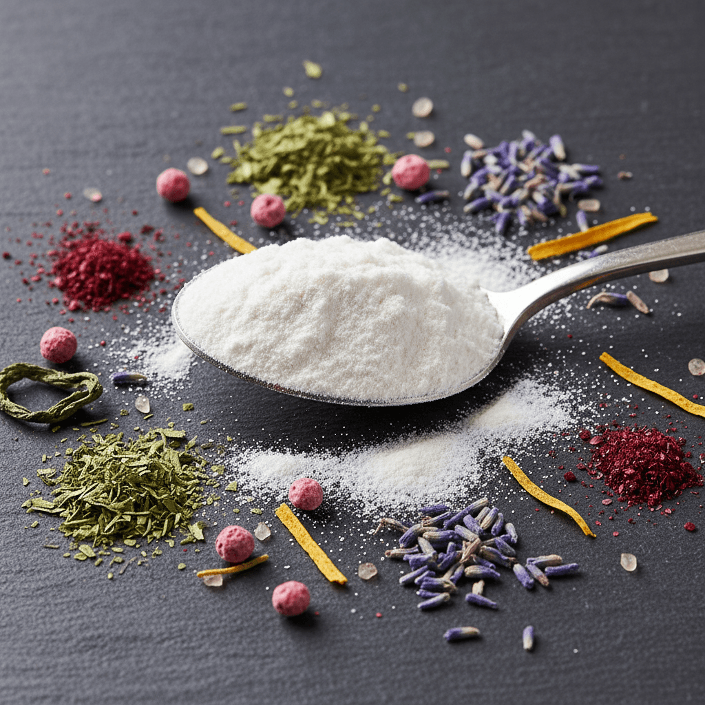 Close-up of powder and botanical ingredients on a spoon