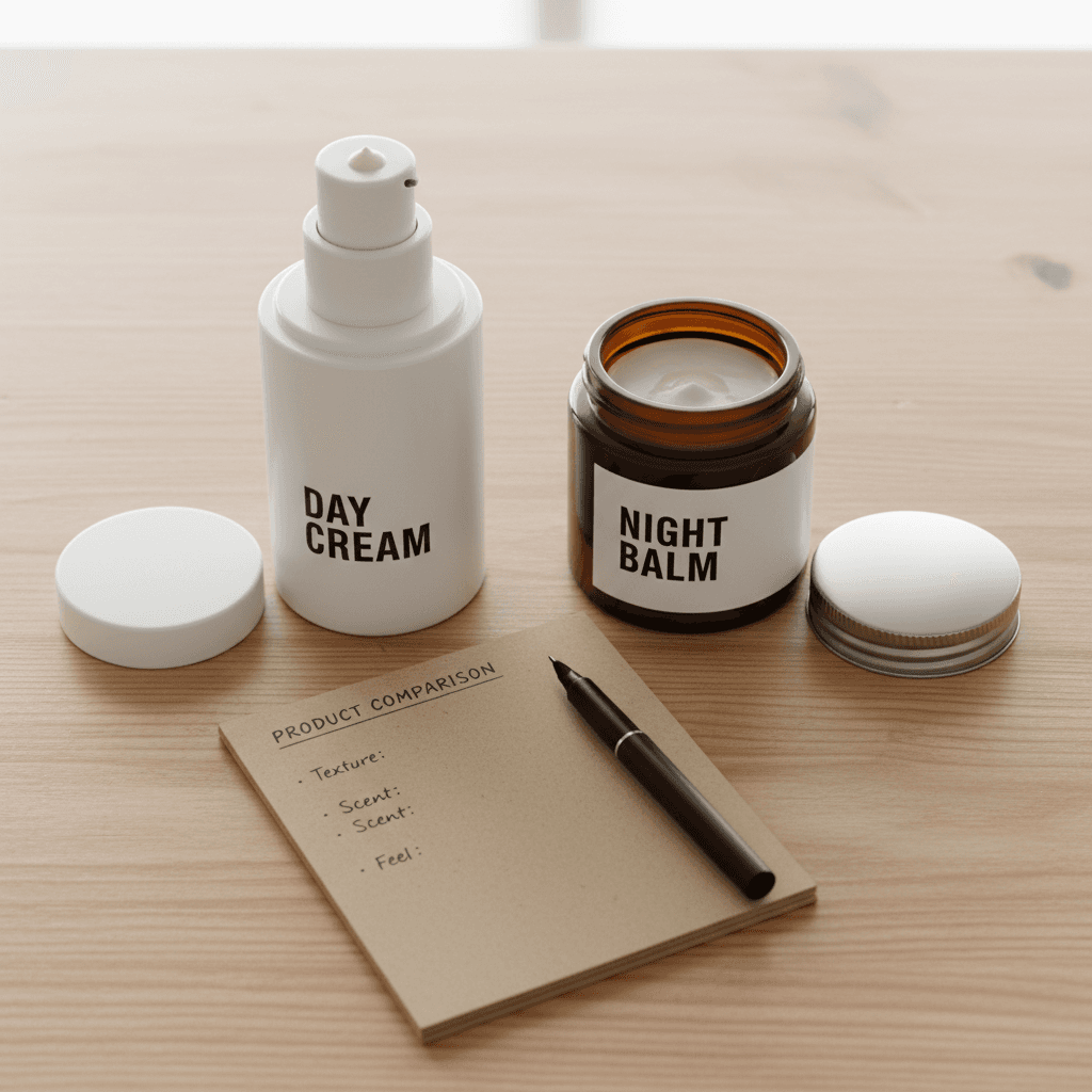 Two product containers being compared on a wooden table
