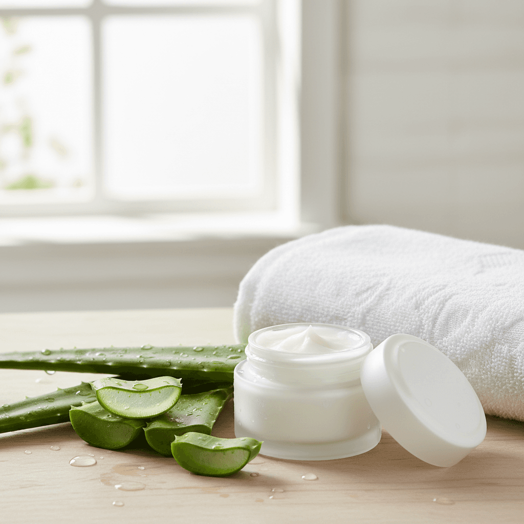White cosmetic jar with cream beside fresh aloe vera leaves on bathroom counter