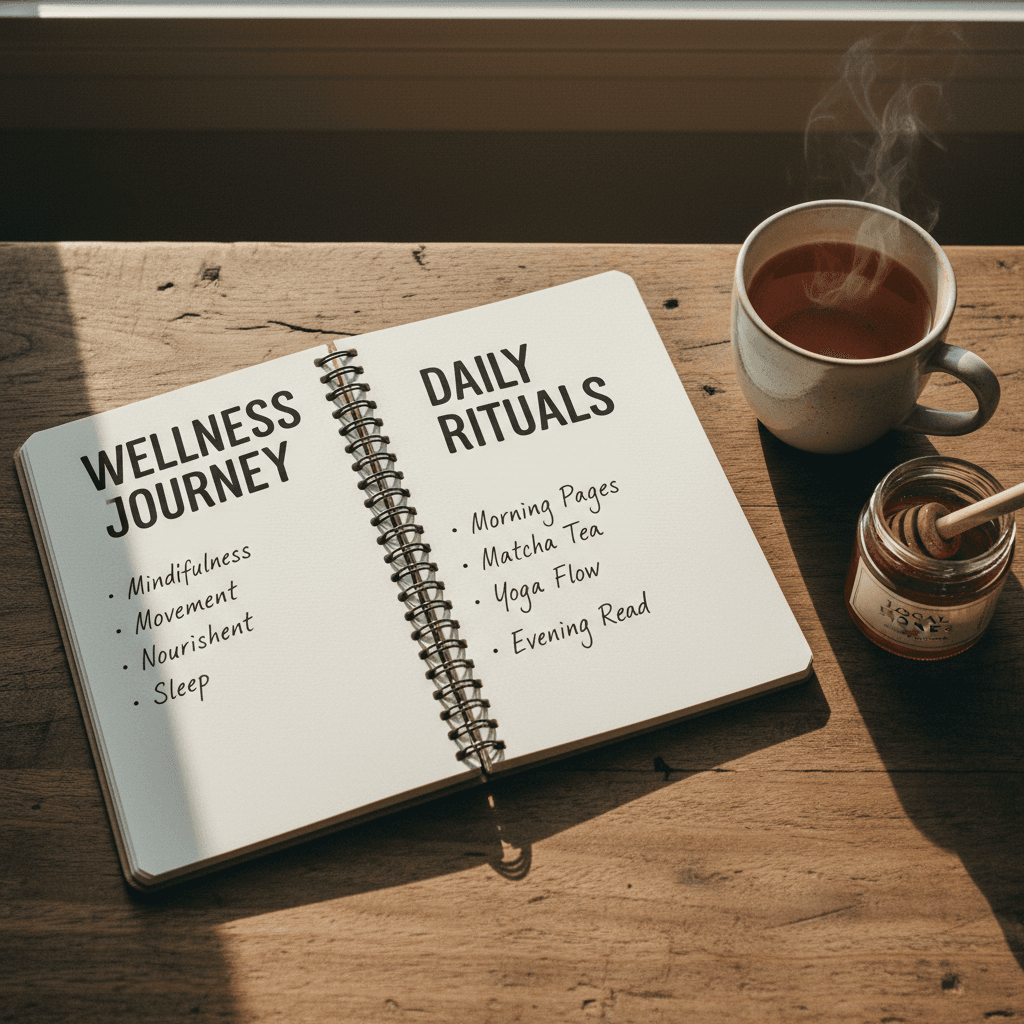 Open notebook with handwritten wellness notes and cup of tea on wooden desk