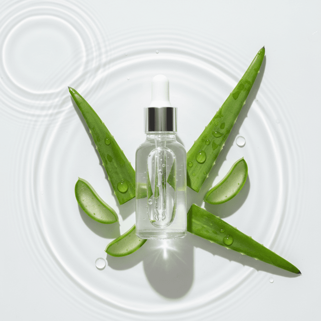 Glass dropper bottle with clear serum and green aloe leaves on white surface