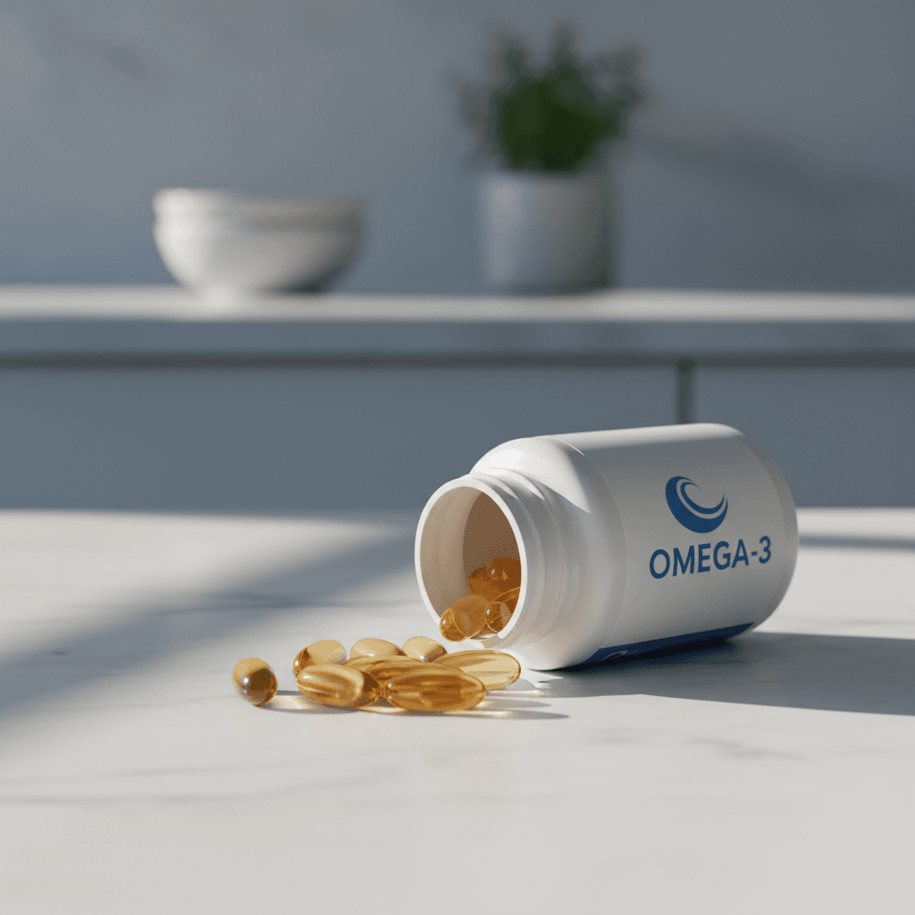 White supplement bottle with softgels spilling onto a clean surface