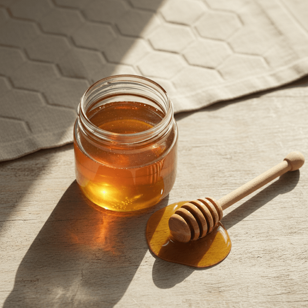 Glass jar of golden honey with wooden dipper on light wooden table