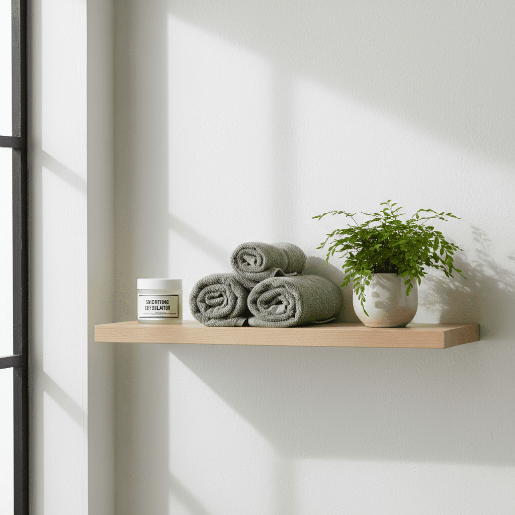 Bathroom shelf with jar of smoothing exfoliator and soft towels