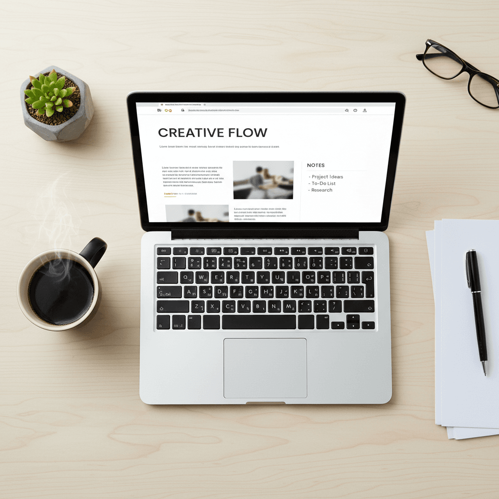 Laptop on a desk with a coffee cup and notebook