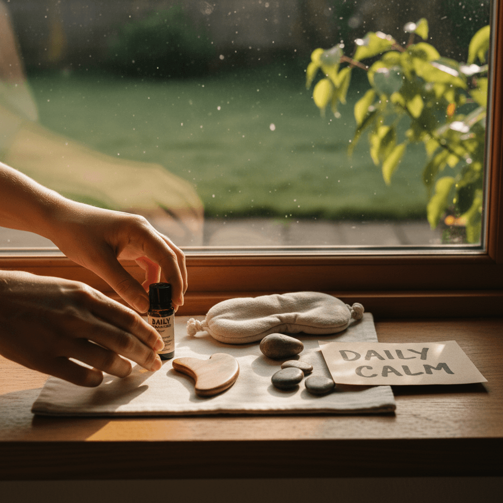 Hands arranging a daily wellness kit on a windowsill