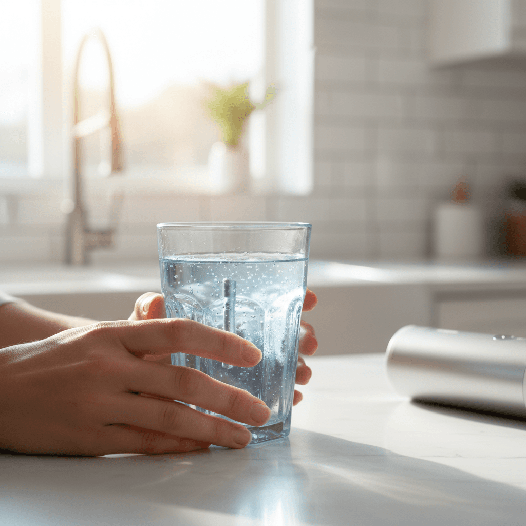 Glass of water with aloe vera slice beside a supplement bottle