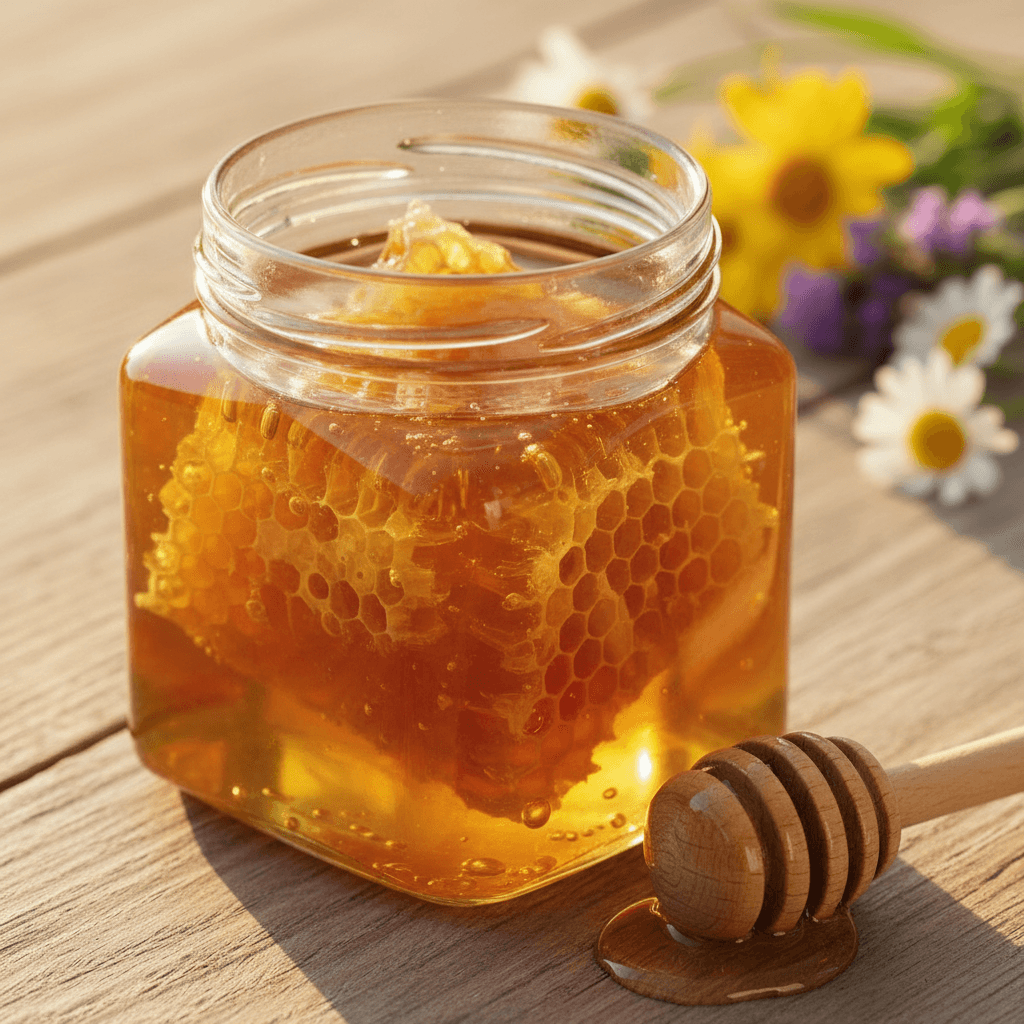 Honeycomb pieces and jars of honey arranged on a wooden surface