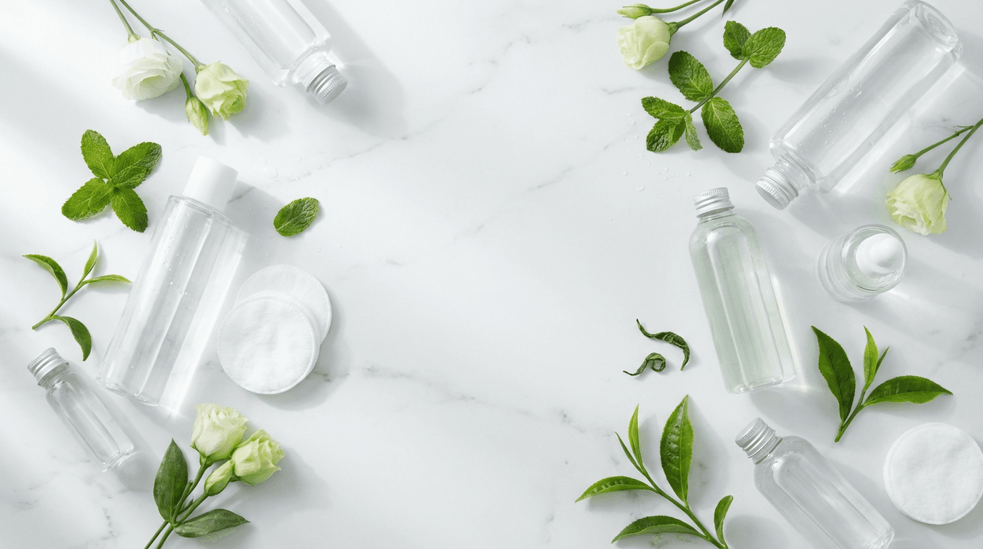 Flat lay of natural skincare products with aloe leaves on white background