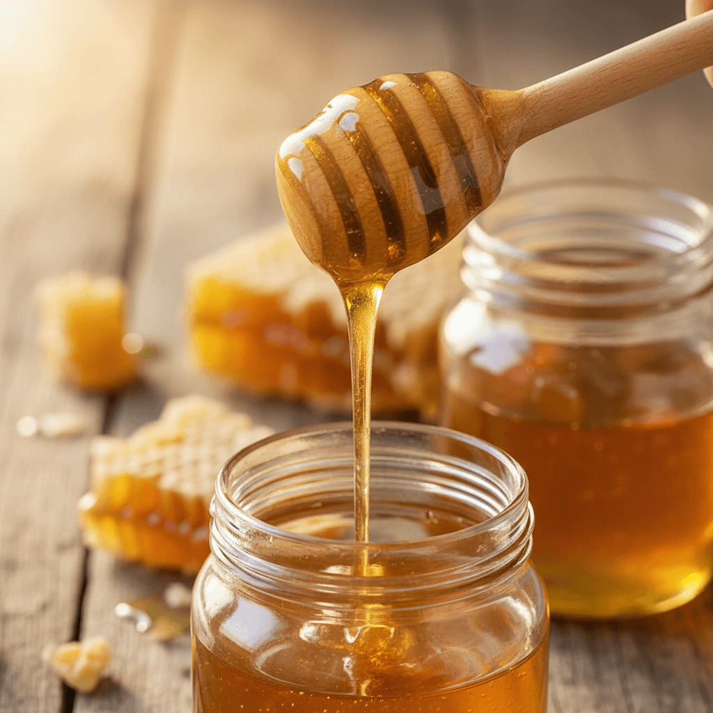 Jar of Forever Bee Honey with a wooden honey dipper