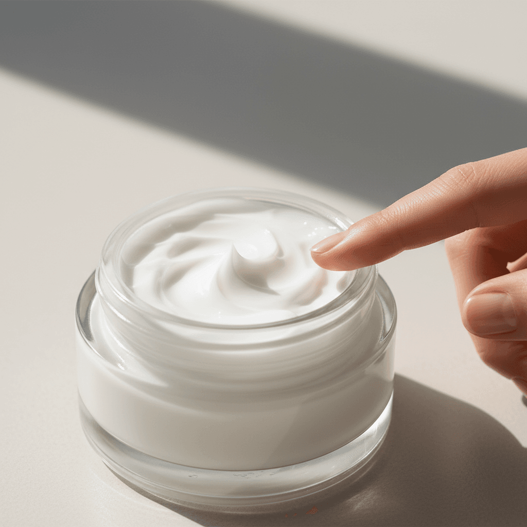 Open jar of smoothing exfoliator with papaya slices nearby on a light surface