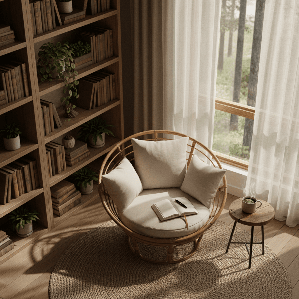 Cozy wellness reading corner with aloe vera plant and honey jar on wooden table