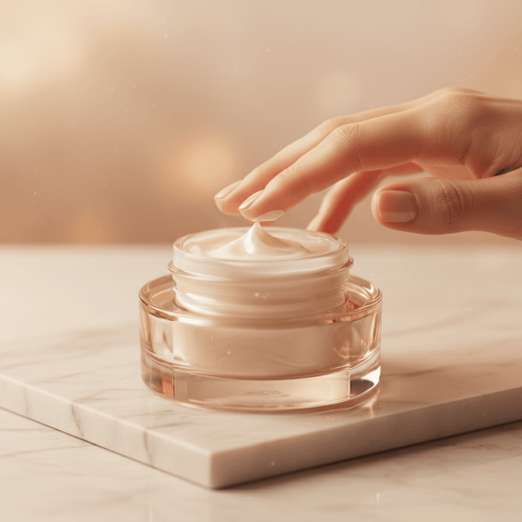 Eye cream jar with soft reflection and botanical accents in a spa setting