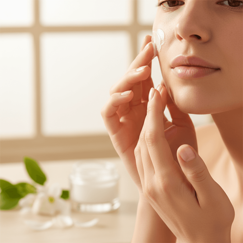 Hand holding a small jar of natural skincare cream with aloe vera leaves softly blurred in the background