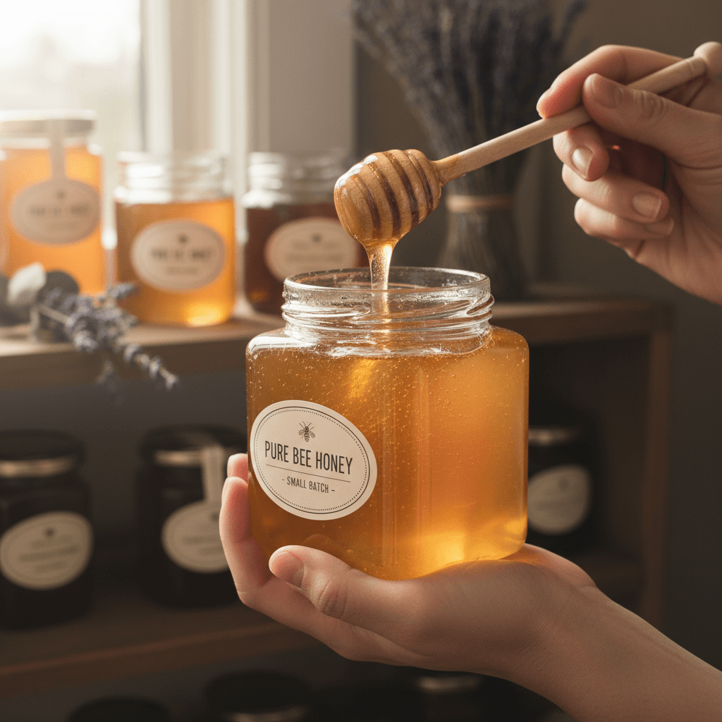 Open jar of golden bee honey with wooden dipper beside aloe leaf and white flower
