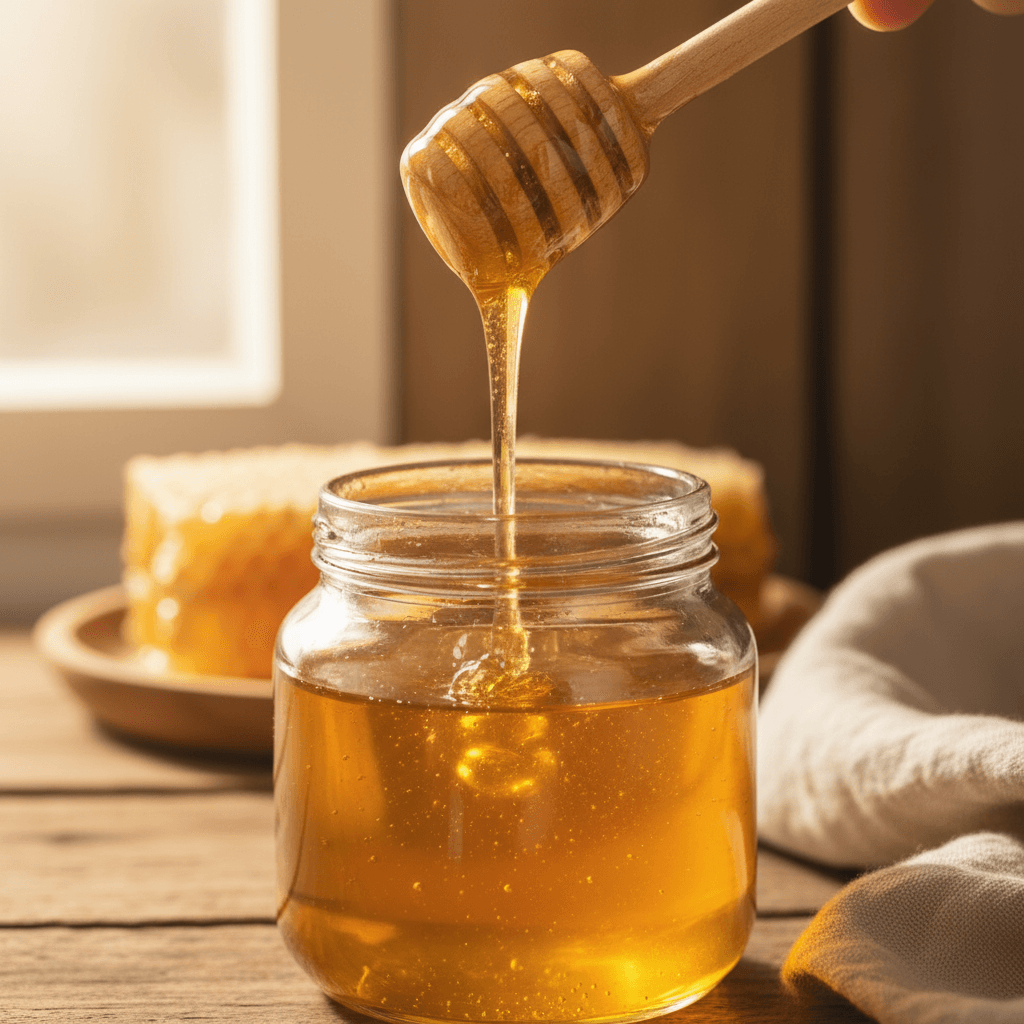 Golden honey being drizzled into a ceramic jar on a rustic table