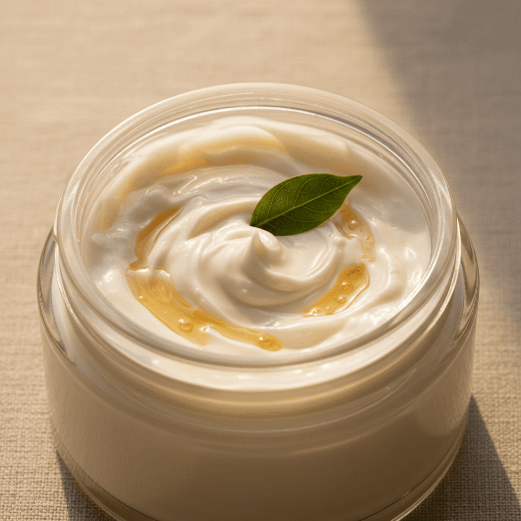 Jar of smoothing exfoliator with a scoop showing creamy texture